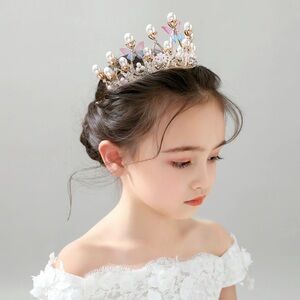 Elegant Gold Princess Tiara for Kids, Butterfly Crown for Girls